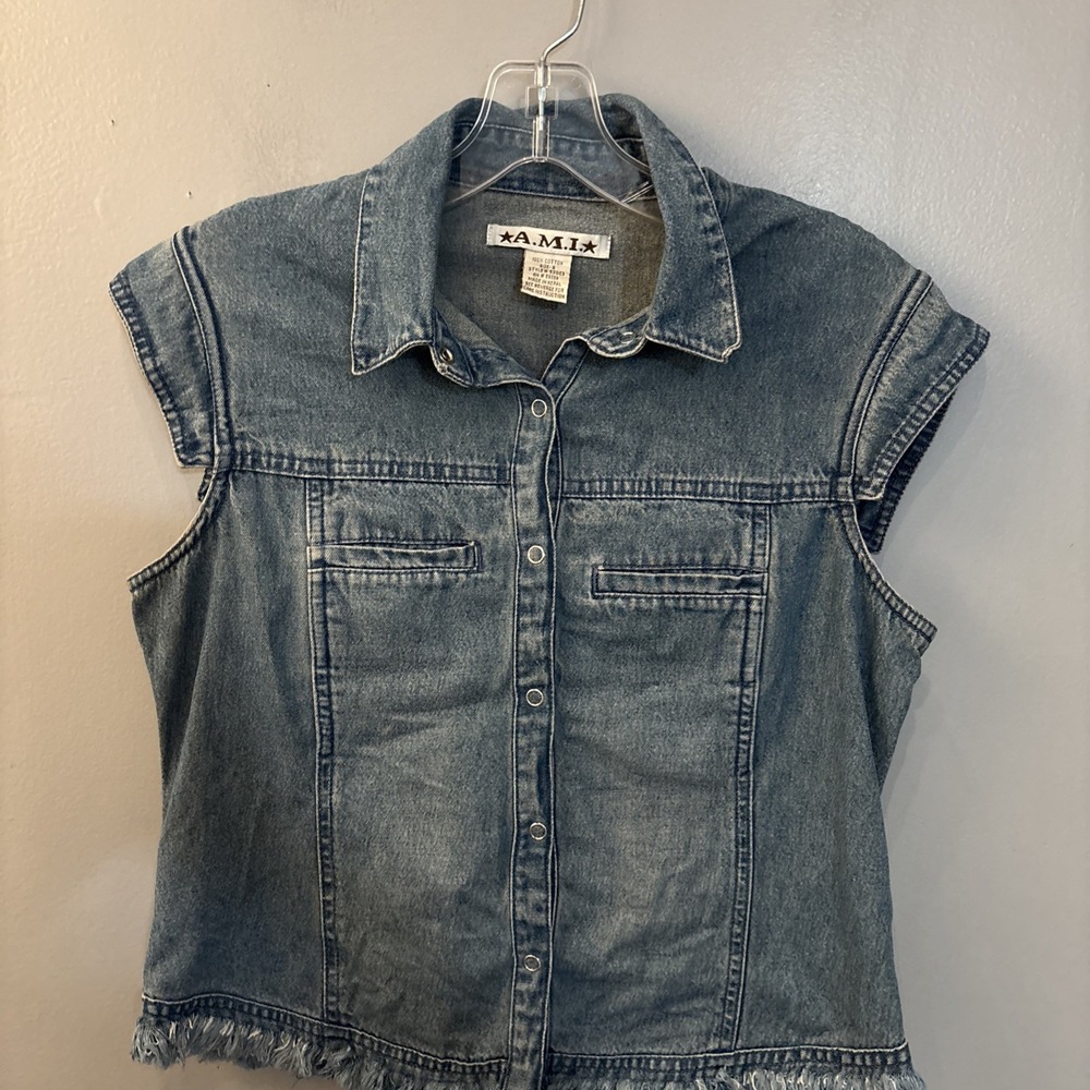Vintage A.M.I. Boho Denim Top Snap Button Fringe Hem Size S Western Festival